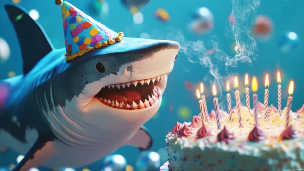 Smiling shark with birthday hat blowing candles on cake.