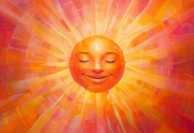 Smiling sun face at center of radial orange and pink rays.