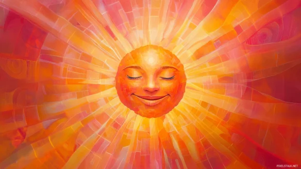 Smiling sun face at center of radial orange and pink rays.