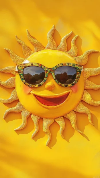 Smiling sun with quirky sunglasses and cheeky rays.