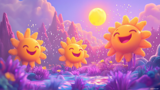 Smiling suns raining sprinkles over a cartoon trippy pastel planet.