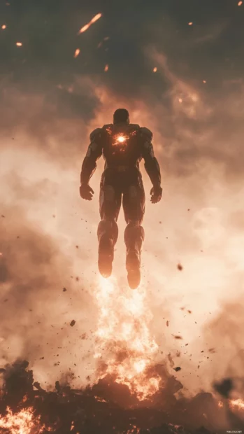 Smoke and fire surround Iron Man from Behind as he launches into the sky on a war torn battlefield.