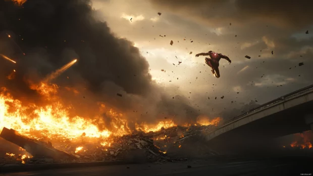 Smoke and fire surround Iron Man in Shadows as he launches into the sky over a collapsed highway.