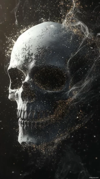 Smoke skull with trail of pixel dust and sparks.