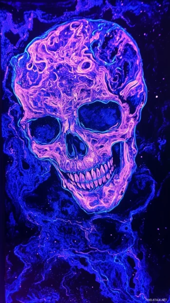 Smoky neon effects, glowing purple blue skull, dark vibrant background.