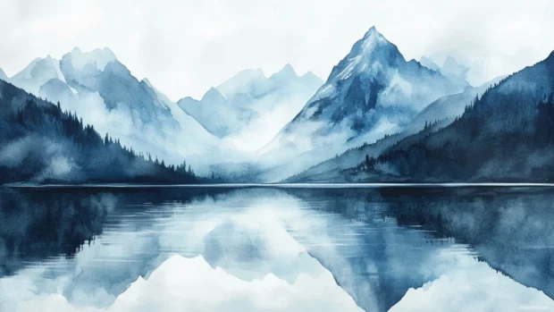 Snow capped watercolor mountains reflecting in a serene lake.