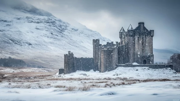 Snow covered castle of the north, ideal for 4K fantasy landscape wallpapers for computer.