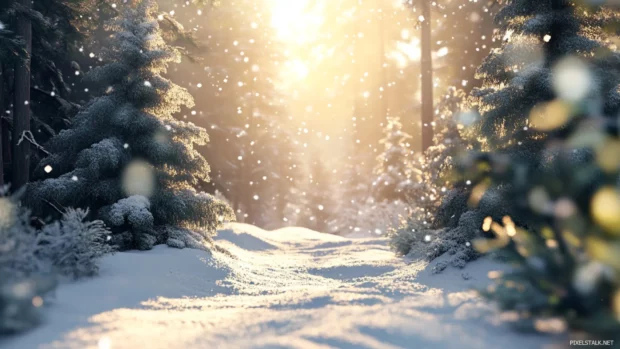 Snow covered evergreen forest with clear winter atmosphere in format.