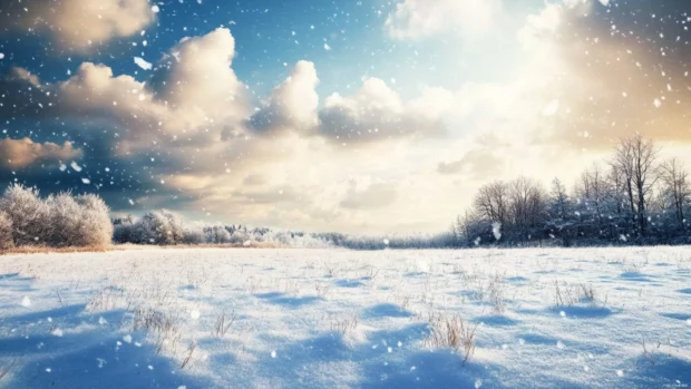 Snow covered field under a cloudy sky.