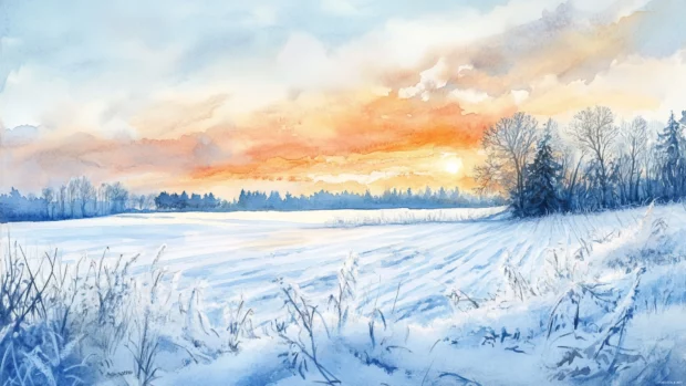 Snow covered fields glowing under a watercolor winter sunset.