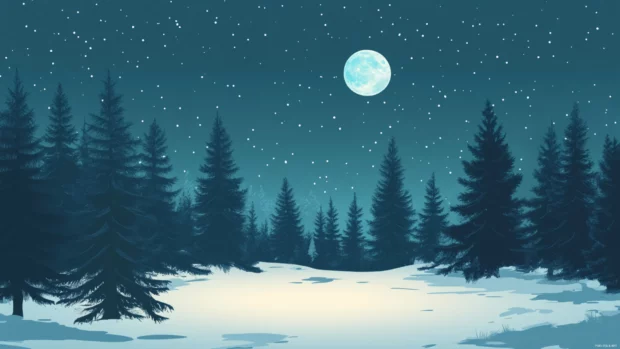 Snow covered pine forest under moonlight, perfect for winter snow aesthetic desktop backgrounds.