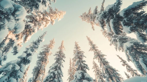 Snow covered trees under a pale winter sky, perfect for Windows 10 desktop background.