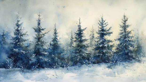 Snow dusted pine trees standing tall in a watercolor winter wonderland.