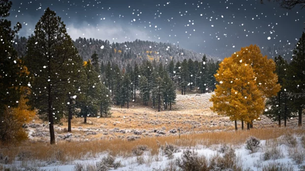 Snow falling over a quiet forest landscape.