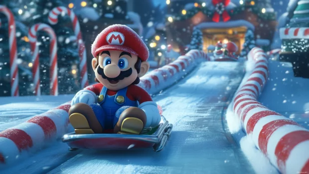 Snow falls gently as the Mario Bros sled down a frozen track lined with candy canes.