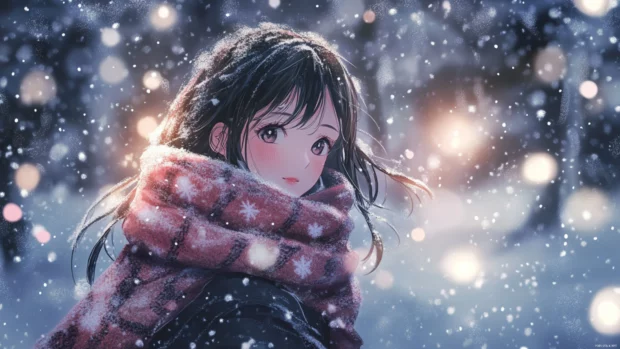 Snow gently falling as anime girl stands bundled in winter scarf.