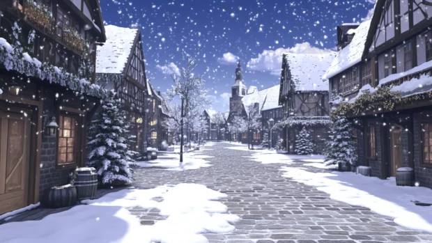 Snow gently falling over a quiet anime town square.