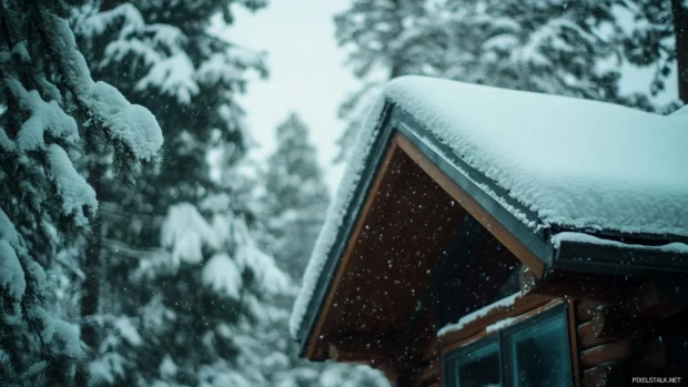 Snow glistening on a pretty cabin roof deep in the woods.