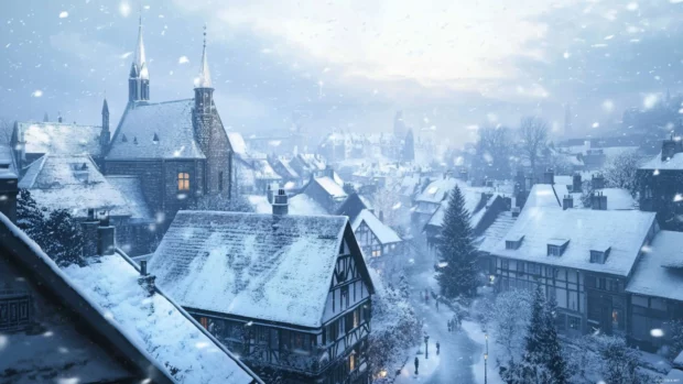 Snow laden rooftops in a winter town.