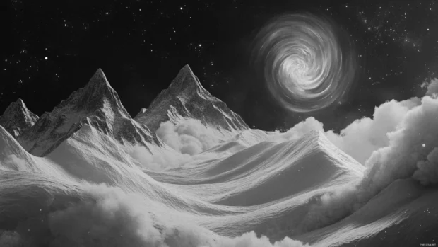 Snow swirls around mountain peaks in a storm.