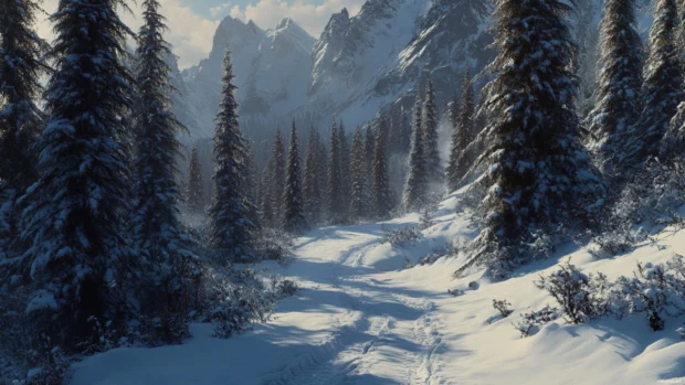 Snow trail through dense fir trees, top snow wallpaper aesthetic for desktop.