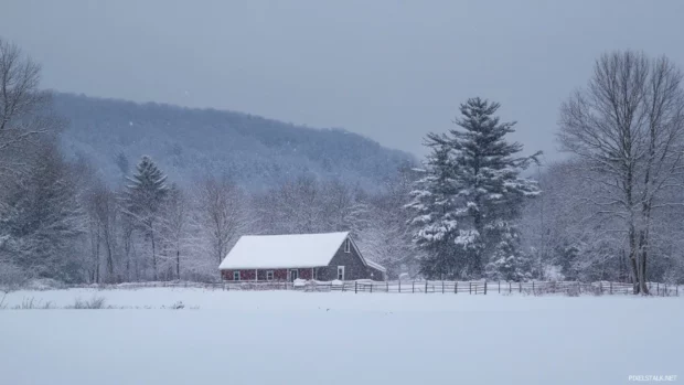 Snowflakes drifting across pretty winter landscape.