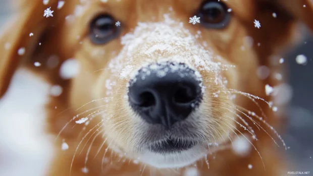 Snowflakes settle softly on the nose of an excited puppy.