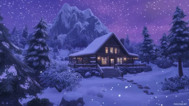 Snowflakes swirling around a pretty hidden mountain lodge.