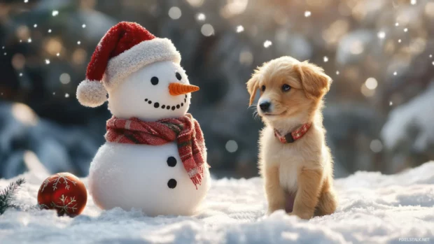 Snowman and Christmas puppy interaction scene for ultimate winter puppy wallpaper charm.