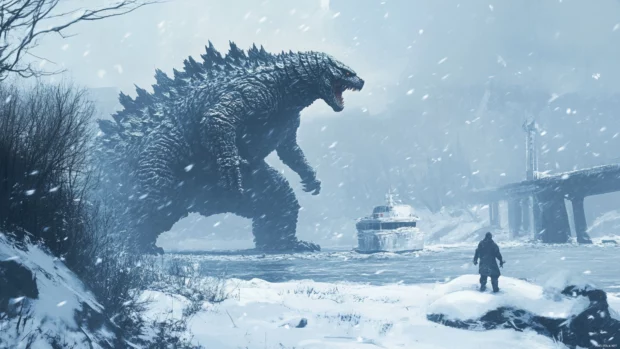 Snowstorm descends as Godzilla appears on a frozen coastline.