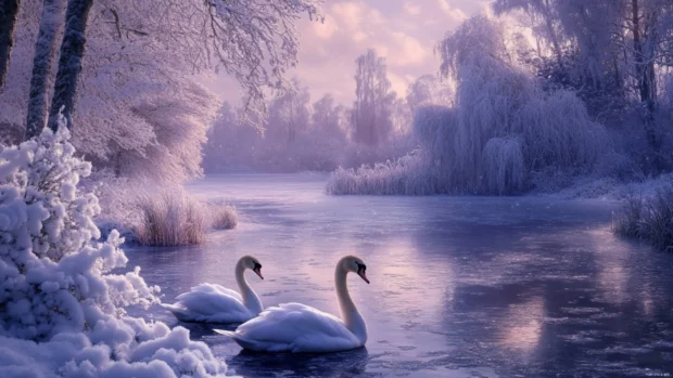 Snowy background with Swans resting on icy water, a frosty pick for Swans PC Wallpapers.