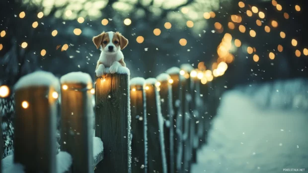 Snowy fence post lined with lights and a small puppy perched happily on top.