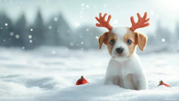 Snowy landscape with a cute puppy wearing reindeer antlers, ideal for Christmas pet wallpapers.