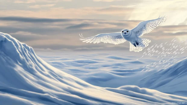 Snowy owl flying across a frozen landscape with wind blown snow trails.