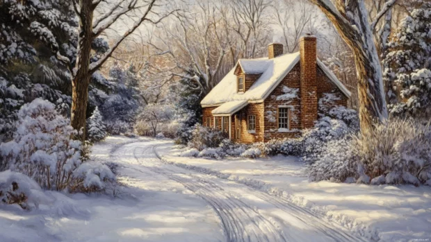Snowy path leading to cozy cottage, featured in latest snow PC wallpaper trends.