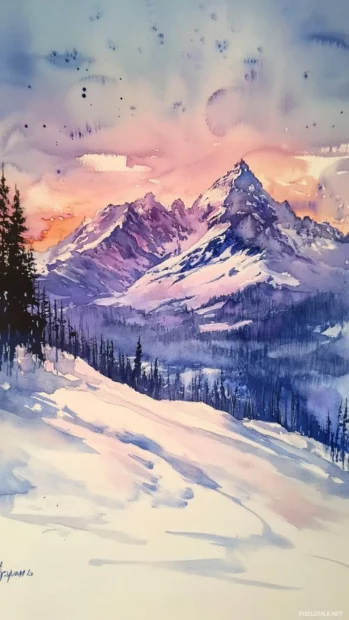 Snowy peaks touched by the last light of sunset painted in watercolor.