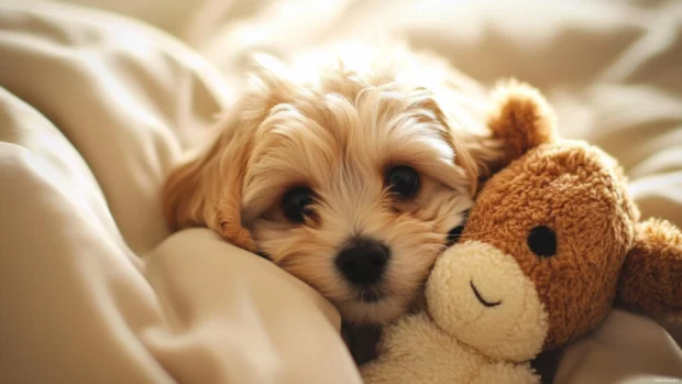 Snuggling a stuffed toy, the little dog captures the essence of cute puppy phone wallpaper designs.