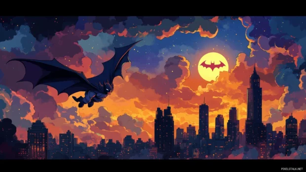 Soaring Batman at dusk, vivid skyline, Bat Signal glowing, surrounded by clouds (2).