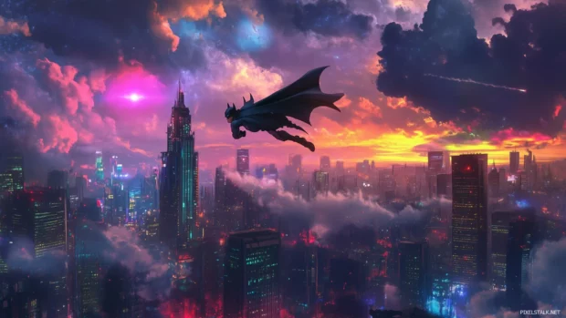Soaring Batman at dusk, vivid skyline, Bat Signal glowing, surrounded by clouds.