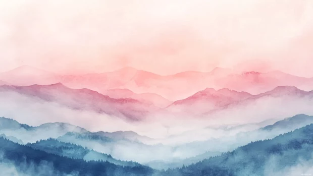 Soft Dreamscape In Pastel Watercolor Wallpaper Depicting A Gentle Sunrise Over Misty Hills.