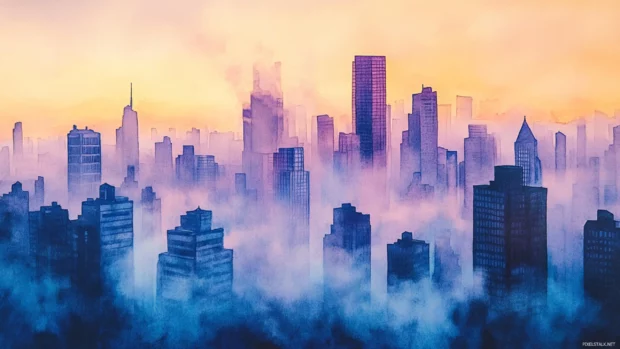 Soft Pastel Watercolor Cityscape At Dawn With Mist Rising Between Buildings.