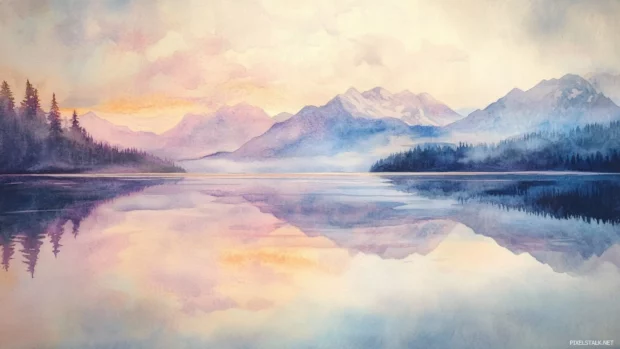 Soft Pastel Watercolor Reflections On A Still Mountain Lake.