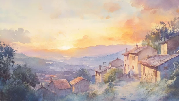 Soft Pastel Watercolor Wallpaper Depicting A Cozy Village At Sunset.
