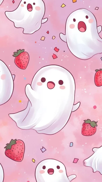 Soft Pink Ghost Wallpapers where happy ghosts float around strawberries and confetti.