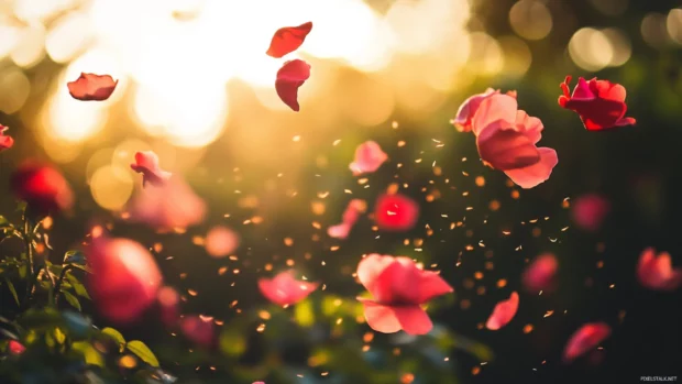 Soft Roses petals falling in spring breeze.