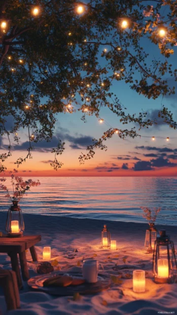 Soft Summer Vibes glow in a night scene with lanterns by the beach.