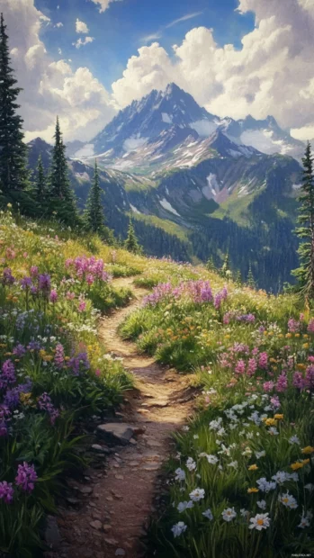 Soft Summer Vibes wrap a peaceful mountain trail where hikers walk through blooming alpine meadows.