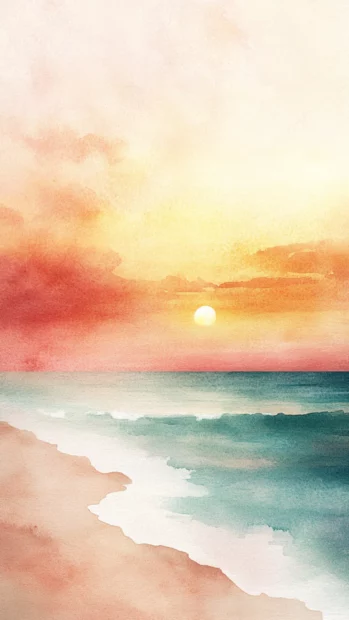 Soft Watercolor Mobile Background Featuring A Serene Beach At Sunset.