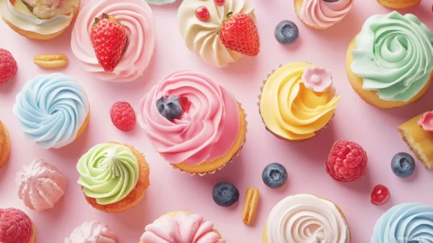 Soft aesthetic wallpaper with kawaii snacks and cupcakes, one of the cutest pc wallpapers.