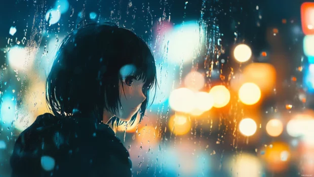 Soft anime rain falling on glass window with blurred lights.
